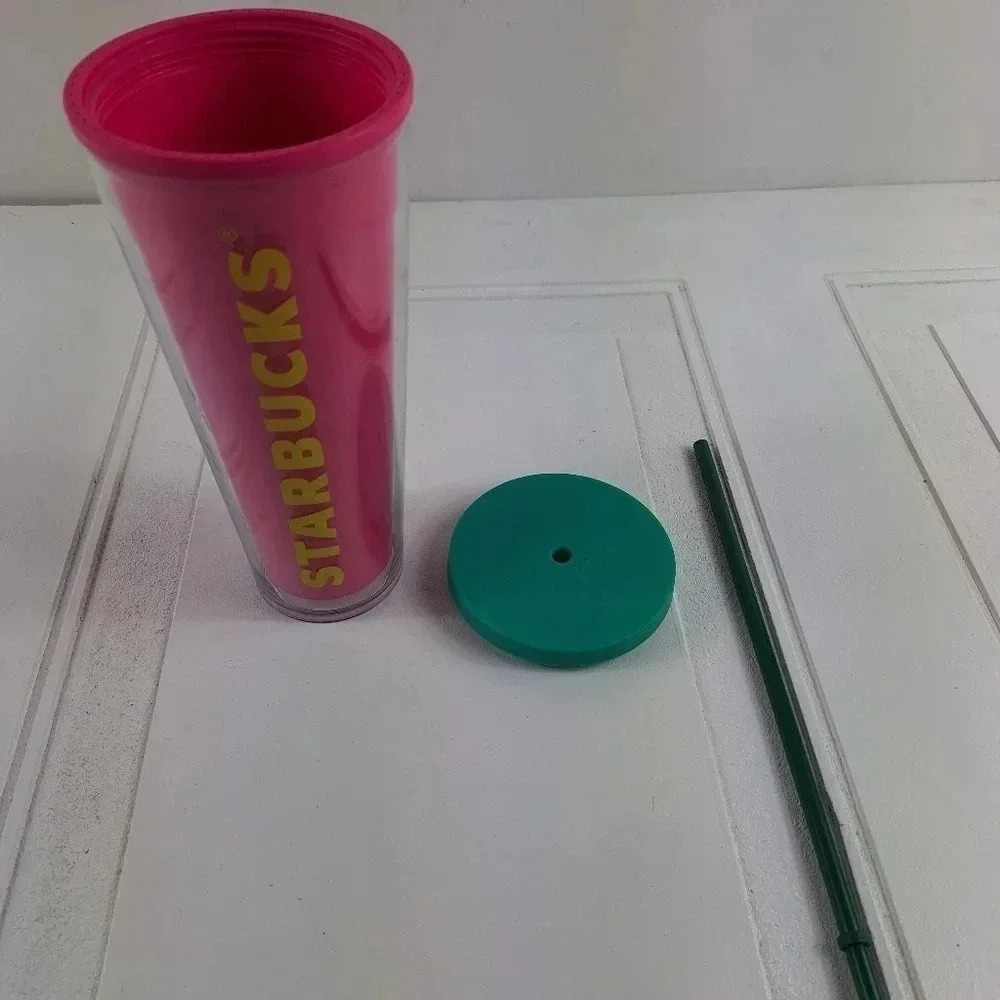 Starbucks 2014 Pink and Green top and Straw with Yellow Starbucks Letters 24 Oz. - Picture 2 of 8